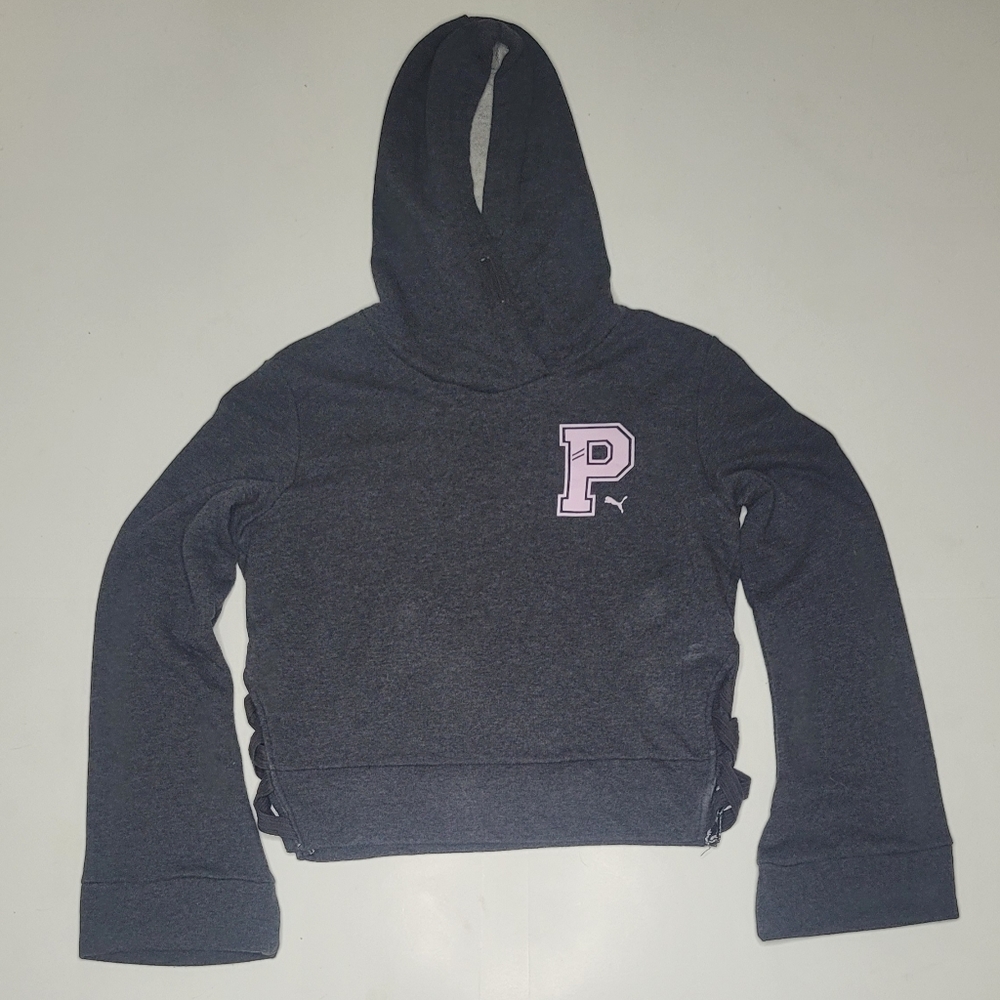 Puma Flare Sleeve Cropped Hooded Pullover Sweatshirt Grey Lace Up Sides Size M